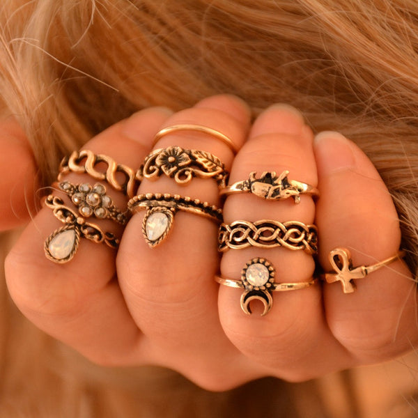 10pcs/Set Unique Carved Antique Silver Crystal Knuckle Rings for Women  Boho Beach Jewelry