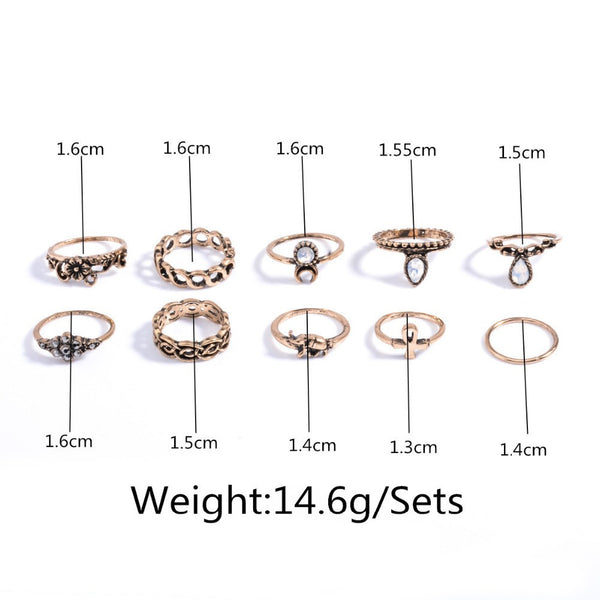 10pcs/Set Unique Carved Antique Silver Crystal Knuckle Rings for Women  Boho Beach Jewelry