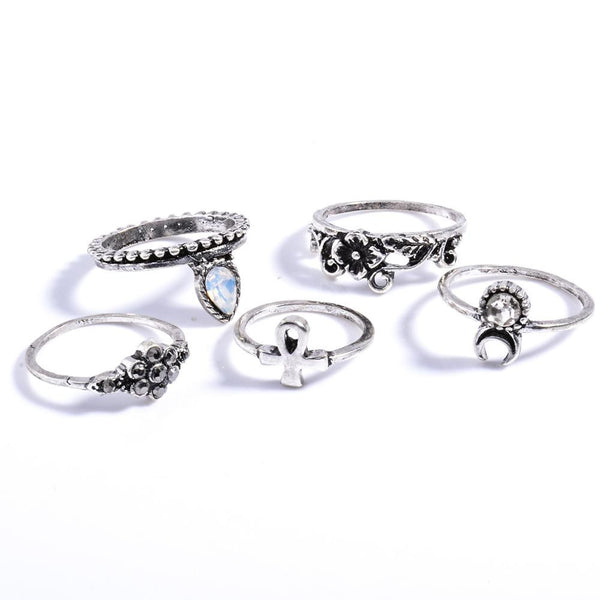 10pcs/Set Unique Carved Antique Silver Crystal Knuckle Rings for Women  Boho Beach Jewelry