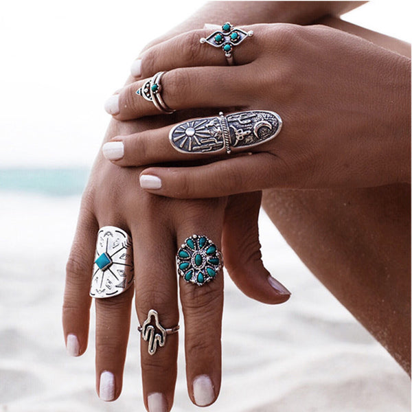 9pc/set Vintage Bohemian Beach Turquoise Ring Set Boho Rings Set FREE SHIPPING Worldwide - Store4Deals