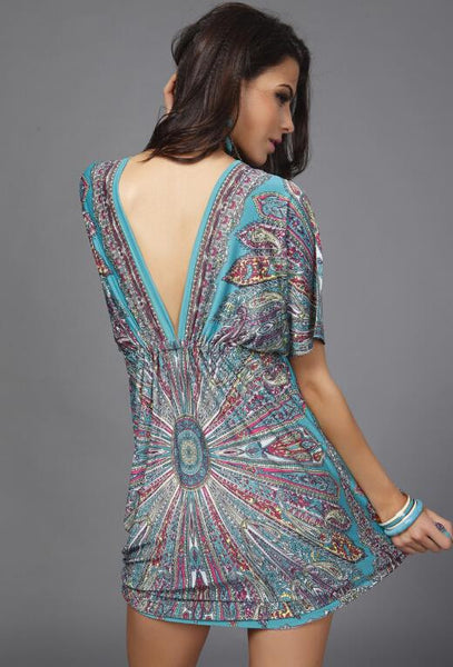 Bohemian Short Sleeve Deep V Neck Casual Fashion Print Sexy Beach Dress - Store4Deals