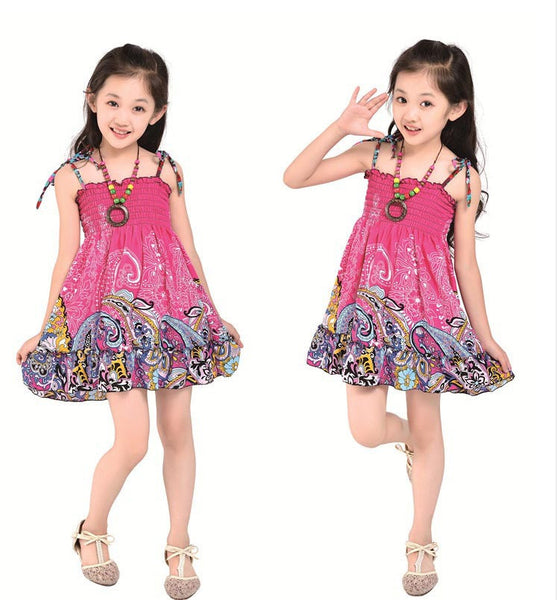 Bohemian style dress for girls Knee-length girls beach dresses WITH necklace - Store4Deals