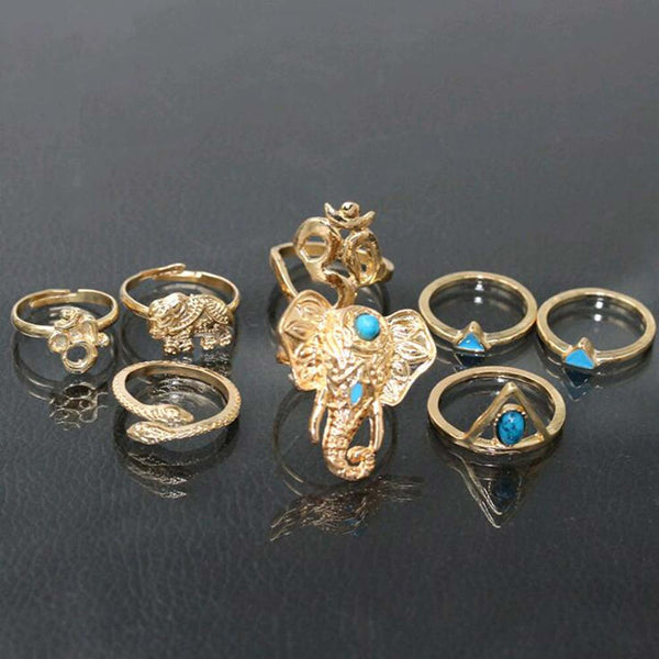 8pcs /Pack Boho Retro Elephant  Blue Turquoise Rings - Store4Deals