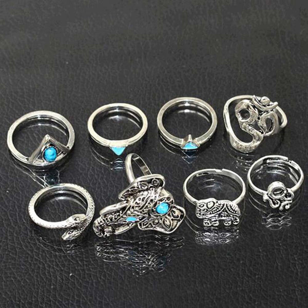 8pcs /Pack Boho Retro Elephant  Blue Turquoise Rings