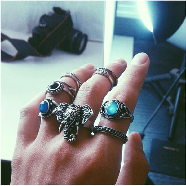 Bohemian Elephants Ring 10pcsTurquoise Retro Boho Rings