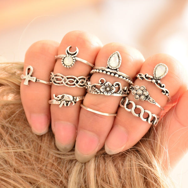 10pcs/Set Unique Carved Antique Silver Crystal Knuckle Rings for Women  Boho Beach Jewelry - Store4Deals