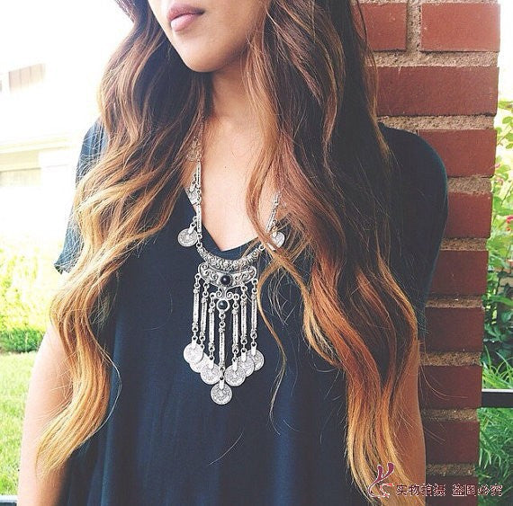FREE Gypsy Boho Antique Silver Tassels Long Carving Coin Necklace