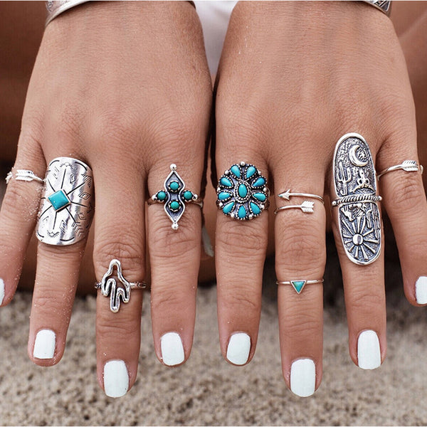 9pc/set Vintage Bohemian Beach Turquoise Ring Set Boho Rings Set FREE SHIPPING Worldwide - Store4Deals