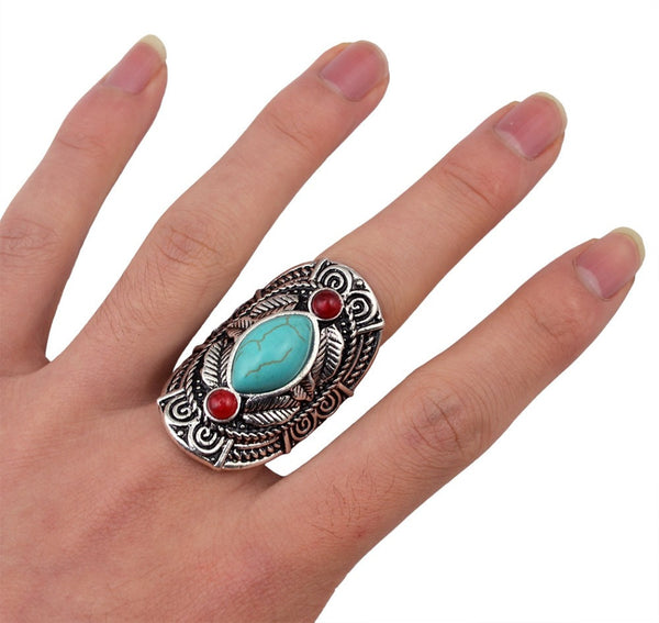 Bohemian style tibet silver gem stone big beachy boho joint rings for women - Store4Deals